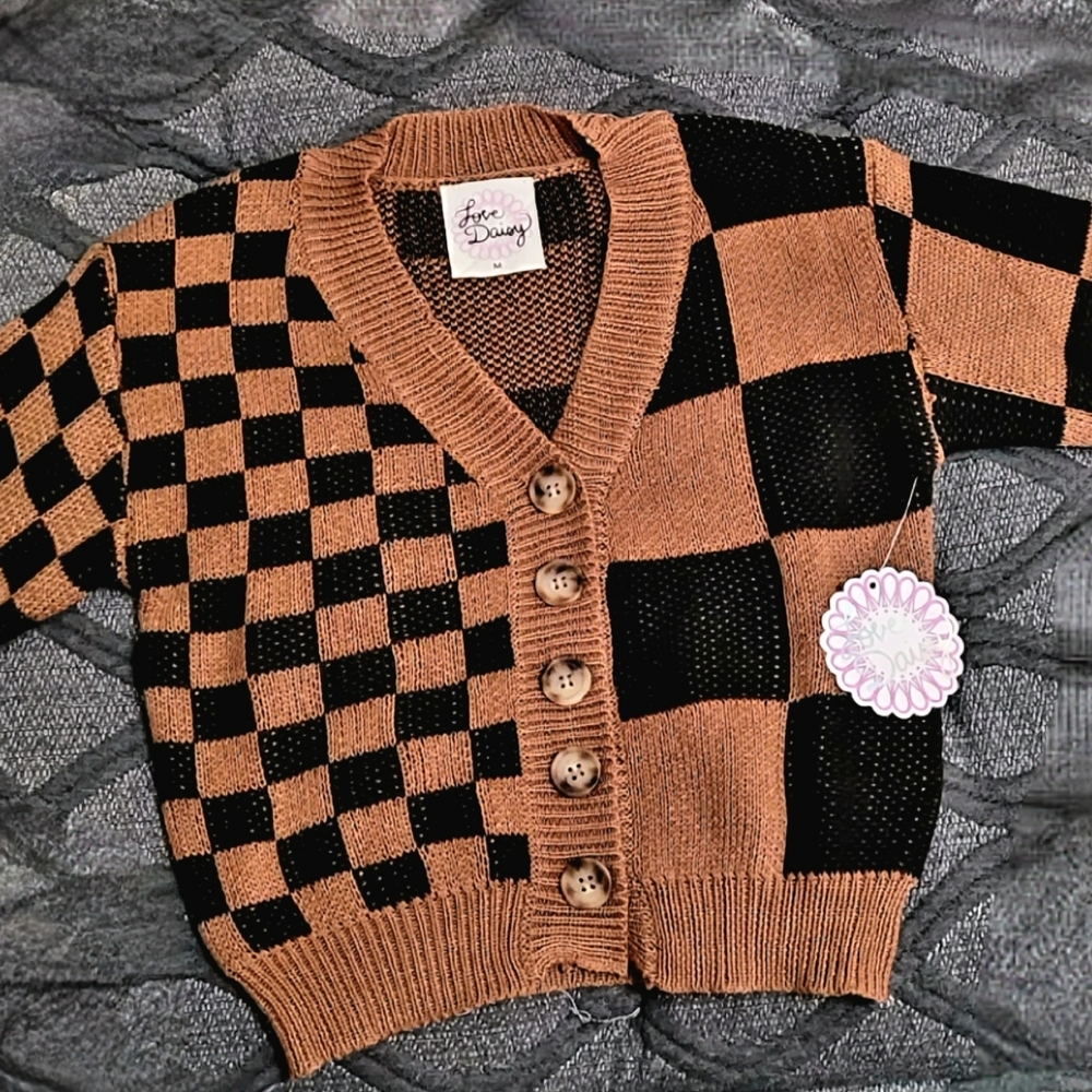 Tan And Black Checkered Cardigan By Love Daisy Medium